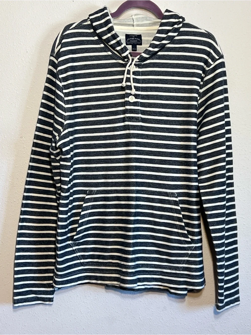 J.Crew authentic Fleece blue and white striped henley hoodie kangaroo pocket